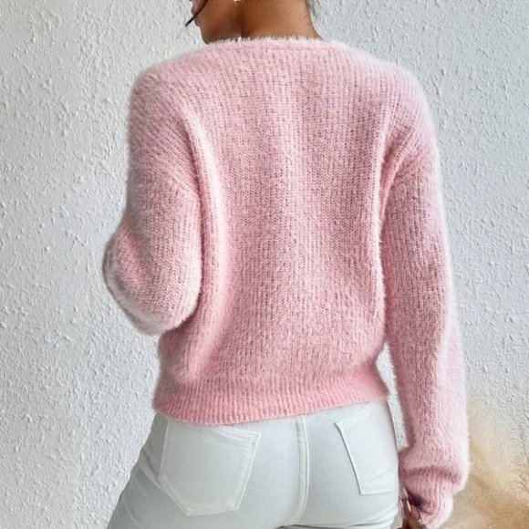Contemporary soft fuzzy button down knit sweater Cardigan pink - Picture 3 of 6